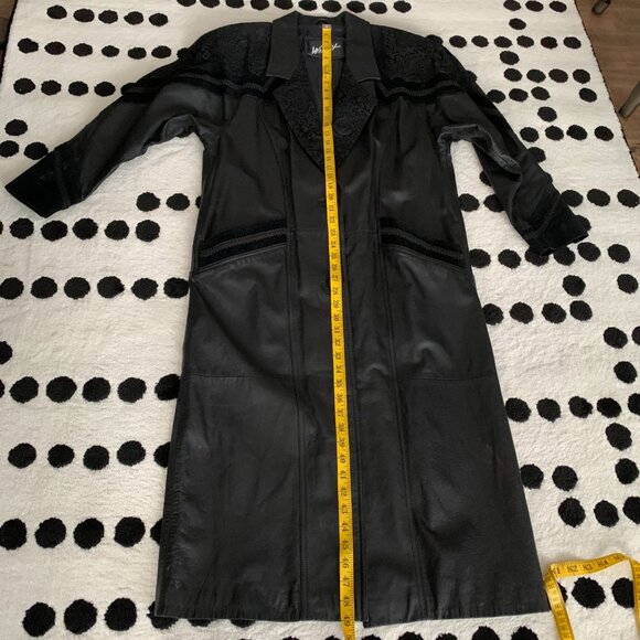 Vintage 80s 90s Leather Suede Trench Coat Long Medium Black Maxi Retro Overcoat - Picture 16 of 16